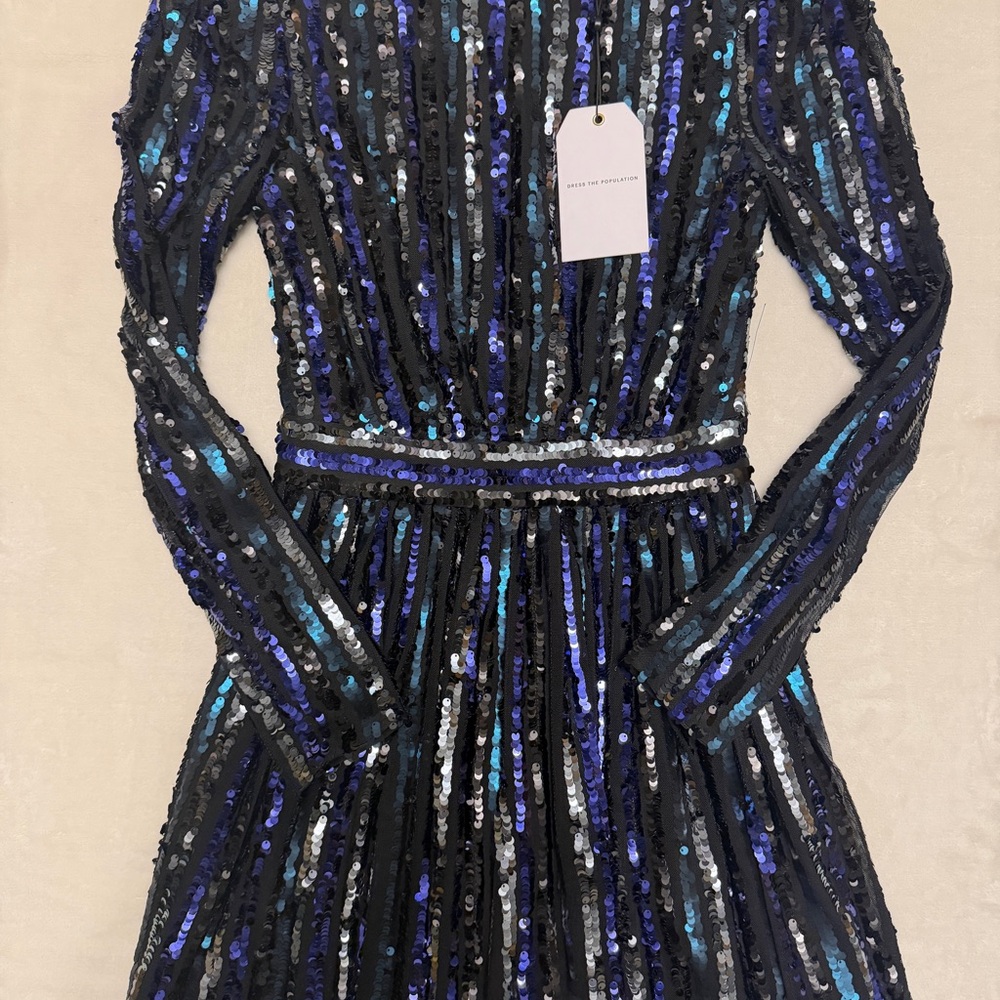 Dress the Population Elegant Sequin Dress in Black and Blue